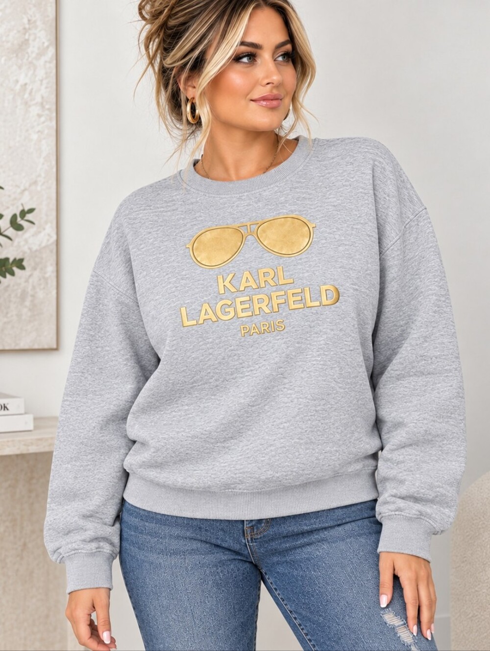Karl Lagerfeld Paris Gray Gold Graphic Sweatshirt 2X Oversized Crewneck